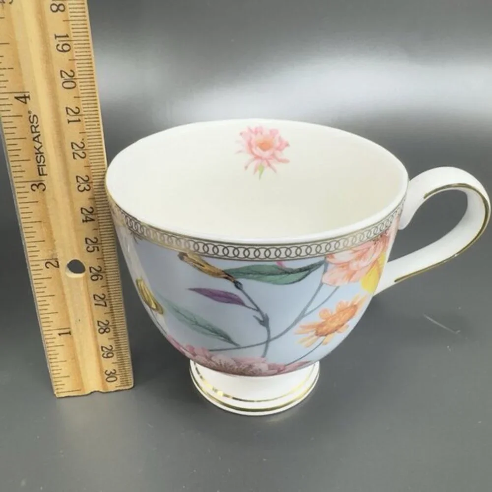 Shabby Chic Fine Porcelain Teacup And Saucer‎ Set Tea Cup Plate Blue Floral Bird